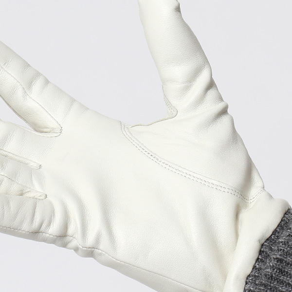  日本製 手袋 レディース ブランド カシミア 100％ レザー グローブ ニットリブ 防寒 カシミヤ ホワイト 白色 イタリーラム 上質 羊革 皮 女性 上品 婦人 プレゼント 化粧箱付き 国産 KURODA(クロダ)