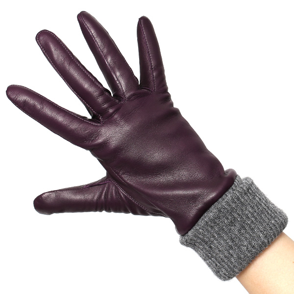  日本製 手袋 レディース ブランド カシミア 100％ レザー グローブ ニットリブ 防寒 カシミヤ パープル 紫色 イタリーラム 上質 羊革 皮 女性 上品 婦人 プレゼント 化粧箱付き 国産 KURODA(クロダ)
