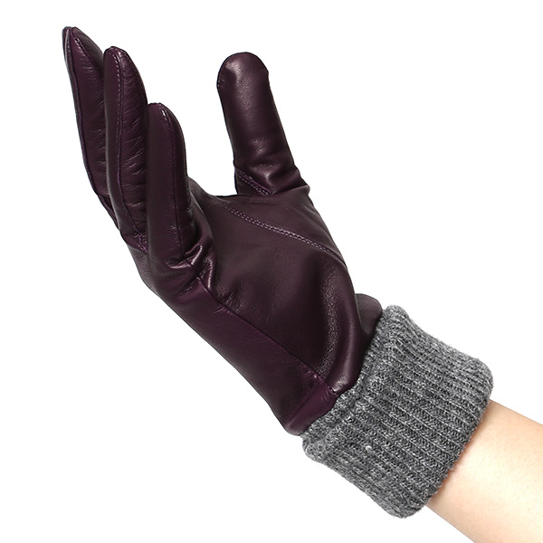  日本製 手袋 レディース ブランド カシミア 100％ レザー グローブ ニットリブ 防寒 カシミヤ パープル 紫色 イタリーラム 上質 羊革 皮 女性 上品 婦人 プレゼント 化粧箱付き 国産 KURODA(クロダ)