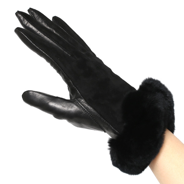  革手袋 スエード ファー付き レディース カシミア混 裏地 レッキス ラビットファー リアルファー うさぎ 毛皮 ブラック 黒 黒色 女性 本革 レザー スウェード 本皮 暖かい 上品 おしゃれ 送料無料 KURODA(クロダ)