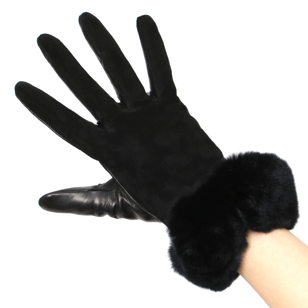  革手袋 スエード ファー付き レディース カシミア混 裏地 レッキス ラビットファー リアルファー うさぎ 毛皮 ブラック 黒 黒色 女性 本革 レザー スウェード 本皮 暖かい 上品 おしゃれ 送料無料 KURODA(クロダ)