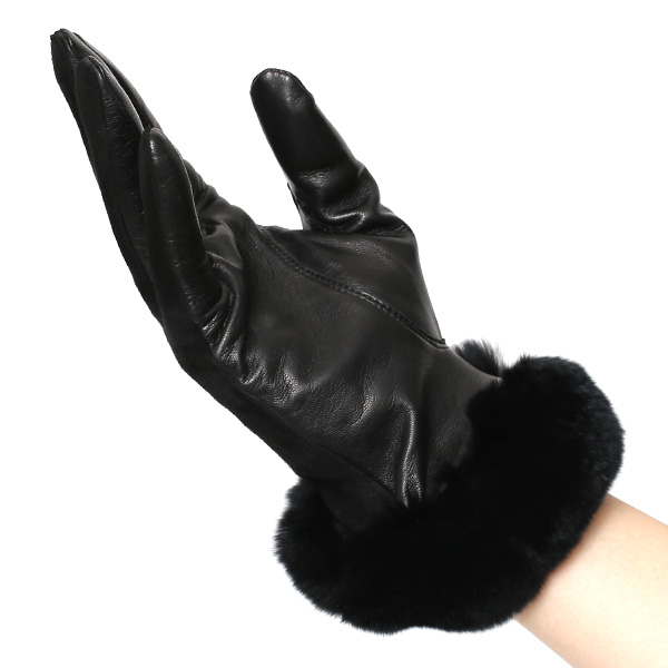  革手袋 スエード ファー付き レディース カシミア混 裏地 レッキス ラビットファー リアルファー うさぎ 毛皮 ブラック 黒 黒色 女性 本革 レザー スウェード 本皮 暖かい 上品 おしゃれ 送料無料 KURODA(クロダ)