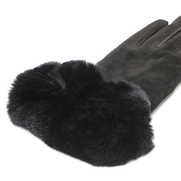  革手袋 スエード ファー付き レディース カシミア混 裏地 レッキス ラビットファー リアルファー うさぎ 毛皮 ブラック 黒 黒色 女性 本革 レザー スウェード 本皮 暖かい 上品 おしゃれ 送料無料 KURODA(クロダ)