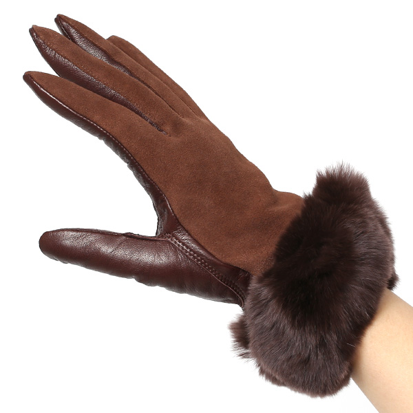  革手袋 スエード ファー付き レディース カシミア混 裏地 レッキス ラビットファー リアルファー うさぎ 毛皮 ブラウン 茶 茶色 女性 本革 レザー スウェード 本皮 暖かい 上品 おしゃれ 送料無料 KURODA(クロダ)
