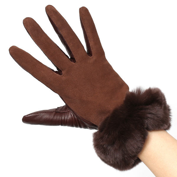  革手袋 スエード ファー付き レディース カシミア混 裏地 レッキス ラビットファー リアルファー うさぎ 毛皮 ブラウン 茶 茶色 女性 本革 レザー スウェード 本皮 暖かい 上品 おしゃれ 送料無料 KURODA(クロダ)