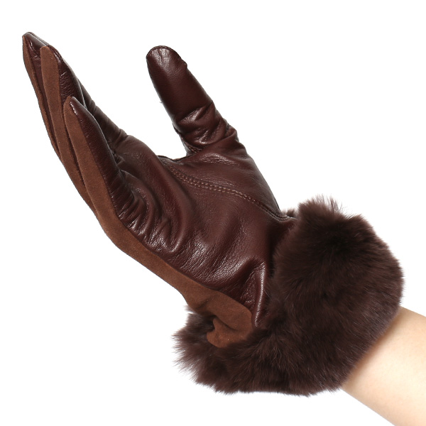  革手袋 スエード ファー付き レディース カシミア混 裏地 レッキス ラビットファー リアルファー うさぎ 毛皮 ブラウン 茶 茶色 女性 本革 レザー スウェード 本皮 暖かい 上品 おしゃれ 送料無料 KURODA(クロダ)