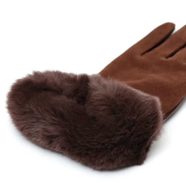  革手袋 スエード ファー付き レディース カシミア混 裏地 レッキス ラビットファー リアルファー うさぎ 毛皮 ブラウン 茶 茶色 女性 本革 レザー スウェード 本皮 暖かい 上品 おしゃれ 送料無料 KURODA(クロダ)