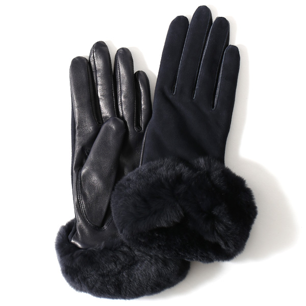 KURODA(クロダ) ヤギ革 ラビットファー レディース 手袋 ネイビー