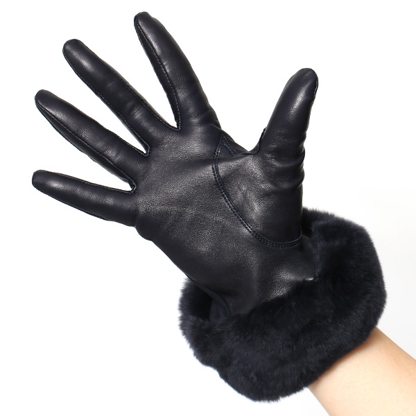  革手袋 スエード ファー付き レディース カシミア混 裏地 レッキス ラビットファー リアルファー うさぎ 毛皮 ブルー ネイビー 青色 女性 本革 レザー スウェード 本皮 暖かい 上品 おしゃれ 送料無料 KURODA(クロダ)