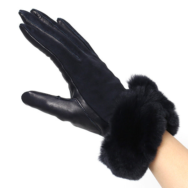  革手袋 スエード ファー付き レディース カシミア混 裏地 レッキス ラビットファー リアルファー うさぎ 毛皮 ブルー ネイビー 青色 女性 本革 レザー スウェード 本皮 暖かい 上品 おしゃれ 送料無料 KURODA(クロダ)