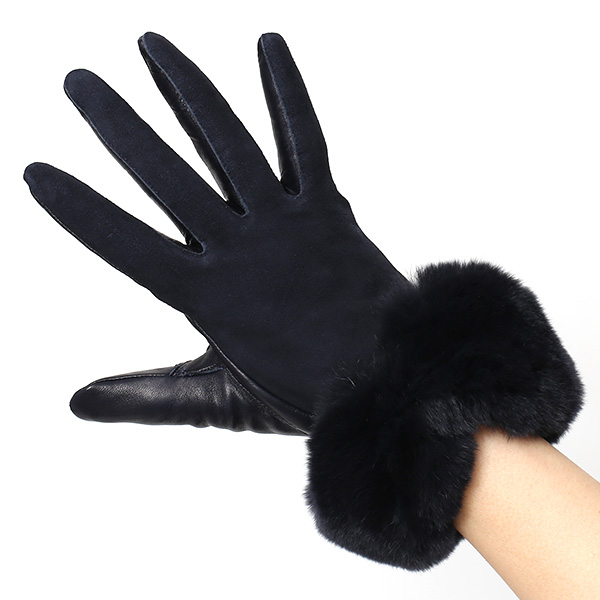  革手袋 スエード ファー付き レディース カシミア混 裏地 レッキス ラビットファー リアルファー うさぎ 毛皮 ブルー ネイビー 青色 女性 本革 レザー スウェード 本皮 暖かい 上品 おしゃれ 送料無料 KURODA(クロダ)