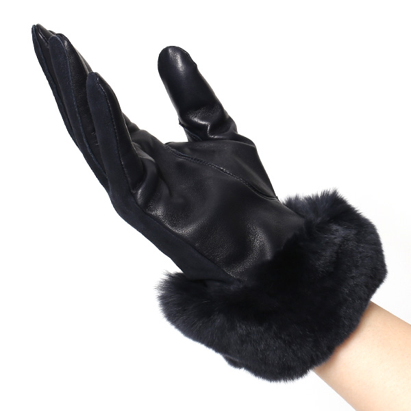  革手袋 スエード ファー付き レディース カシミア混 裏地 レッキス ラビットファー リアルファー うさぎ 毛皮 ブルー ネイビー 青色 女性 本革 レザー スウェード 本皮 暖かい 上品 おしゃれ 送料無料 KURODA(クロダ)