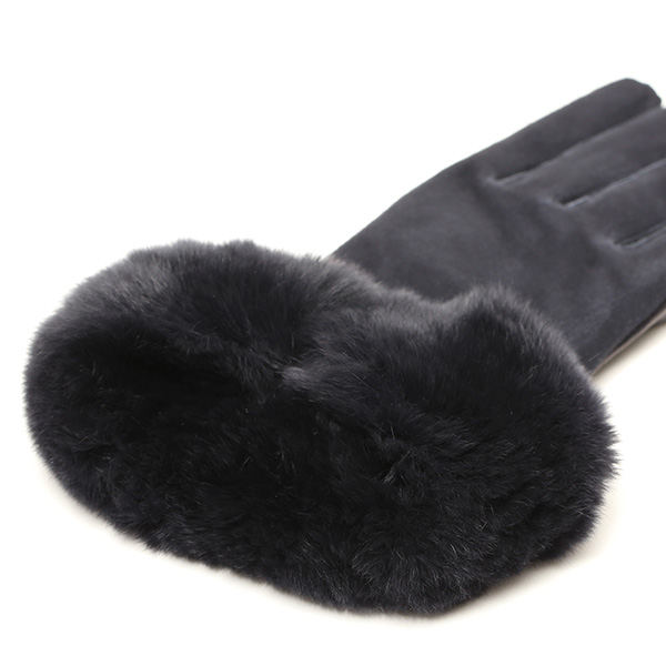  革手袋 スエード ファー付き レディース カシミア混 裏地 レッキス ラビットファー リアルファー うさぎ 毛皮 ブルー ネイビー 青色 女性 本革 レザー スウェード 本皮 暖かい 上品 おしゃれ 送料無料 KURODA(クロダ)