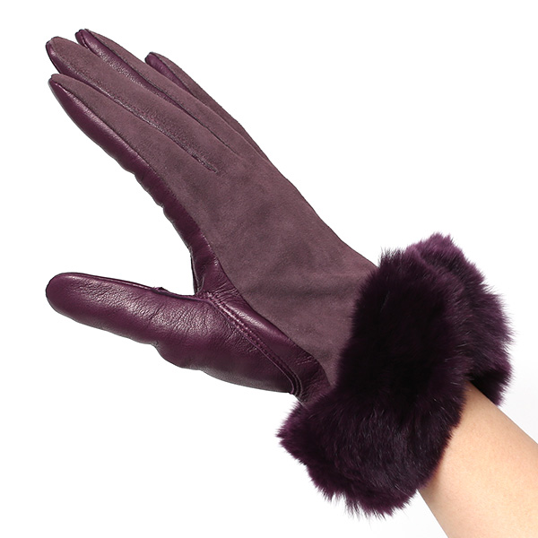 革手袋 スエード ファー付き レディース カシミア混 裏地 レッキス ラビットファー リアルファー うさぎ 毛皮 パープル 紫色 女性 本革 レザー スウェード 本皮 暖かい 上品 おしゃれ 送料無料 KURODA(クロダ)