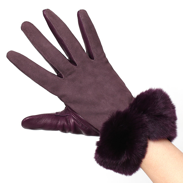 革手袋 スエード ファー付き レディース カシミア混 裏地 レッキス ラビットファー リアルファー うさぎ 毛皮 パープル 紫色 女性 本革 レザー スウェード 本皮 暖かい 上品 おしゃれ 送料無料 KURODA(クロダ)
