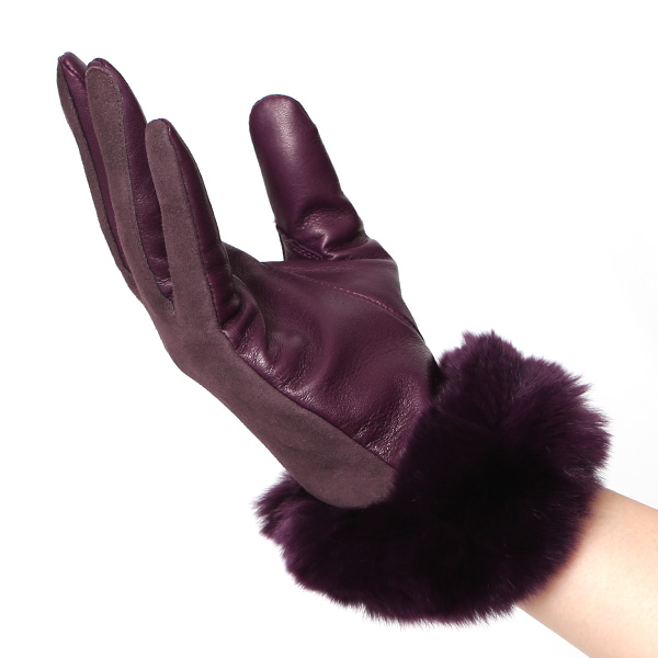 革手袋 スエード ファー付き レディース カシミア混 裏地 レッキス ラビットファー リアルファー うさぎ 毛皮 パープル 紫色 女性 本革 レザー スウェード 本皮 暖かい 上品 おしゃれ 送料無料 KURODA(クロダ)