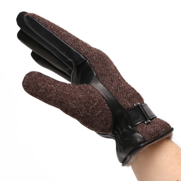  ハリスツイード 手袋 メンズ スマホ カシミヤ カシミア 日本製 ベルト付き 国産 本革 皮 レザー ブラウン 茶 茶色 通勤 通学 彼氏 旦那 夫 息子 誕生日 クリスマス プレゼント 冬 グローブ ブランド KURODA(クロダ)