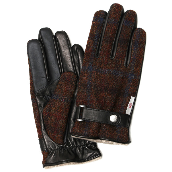 KURODA(クロダ) ハリスツイード ベルト付き 羊革 メンズ 手袋 ブラウン/チェック