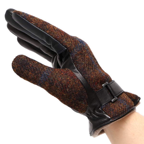  ハリスツイード 手袋 メンズ スマホ カシミヤ カシミア 日本製 ベルト付き 国産 本革 皮 レザー ブラウン 茶 茶色 通勤 通学 彼氏 旦那 夫 息子 誕生日 クリスマス プレゼント 冬 グローブ ブランド KURODA(クロダ)