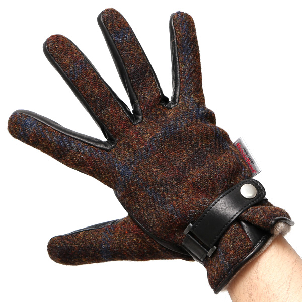  ハリスツイード 手袋 メンズ スマホ カシミヤ カシミア 日本製 ベルト付き 国産 本革 皮 レザー ブラウン 茶 茶色 通勤 通学 彼氏 旦那 夫 息子 誕生日 クリスマス プレゼント 冬 グローブ ブランド KURODA(クロダ)