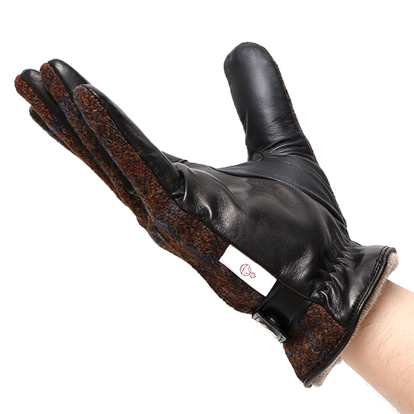  ハリスツイード 手袋 メンズ スマホ カシミヤ カシミア 日本製 ベルト付き 国産 本革 皮 レザー ブラウン 茶 茶色 通勤 通学 彼氏 旦那 夫 息子 誕生日 クリスマス プレゼント 冬 グローブ ブランド KURODA(クロダ)