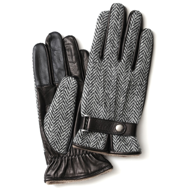 KURODA(クロダ) ハリスツイード ベルト付き 羊革 メンズ 手袋 ヘリンボーン