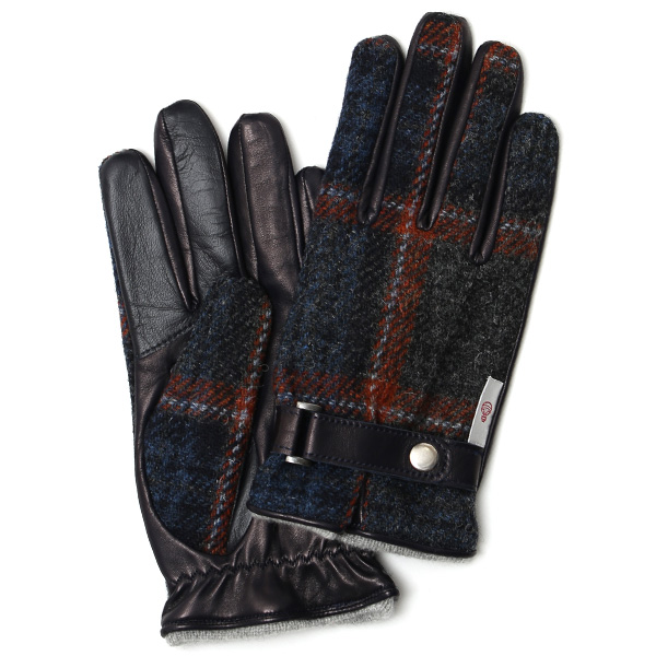 KURODA(クロダ) ハリスツイード ベルト付き 羊革 メンズ 手袋 ネイビー/チェック
