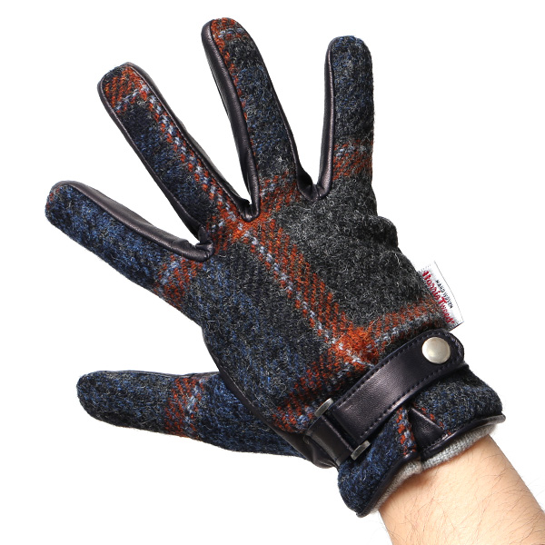  ハリスツイード 手袋 メンズ スマホ カシミヤ カシミア 日本製 ベルト付き 国産 本革 皮 レザー ブルー ネイビー 青色 通勤 通学 彼氏 旦那 夫 息子 誕生日 クリスマス プレゼント 冬 グローブ ブランド KURODA(クロダ)