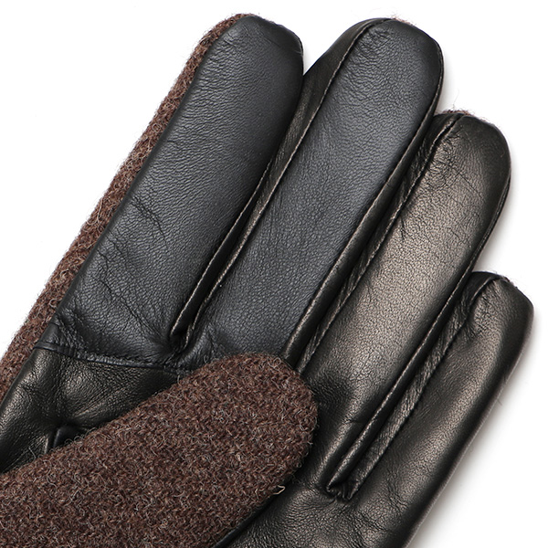  手袋 ハリスツイード メンズ ブランド 革 タッチパネル対応 カシミヤ 100％ カシミア 裏地 リブ グローブ ブラウン 茶 茶色 Harris Tweed チェック 柄 導電 本革 イタリーラム 羊革 英国 生地 日本製 KURODA(クロダ)