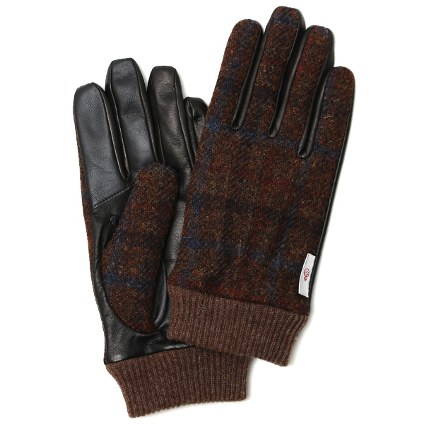 KURODA(クロダ) ハリスツイード リブ付き 羊革 メンズ 手袋 ブラウン/チェック