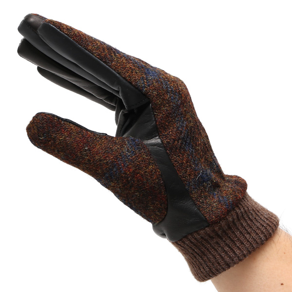  手袋 ハリスツイード メンズ ブランド 革 タッチパネル対応 カシミヤ 100％ カシミア 裏地 リブ グローブ ブラウン 茶 茶色 Harris Tweed チェック 柄 導電 本革 イタリーラム 羊革 英国 生地 日本製 KURODA(クロダ)