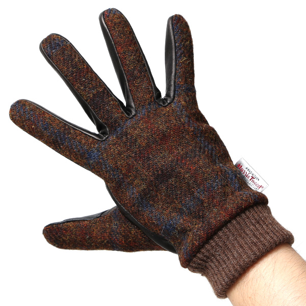 手袋 ハリスツイード メンズ ブランド 革 タッチパネル対応 カシミヤ 100％ カシミア 裏地 リブ グローブ ブラウン 茶 茶色 Harris Tweed チェック 柄 導電 本革 イタリーラム 羊革 英国 生地 日本製 KURODA(クロダ)