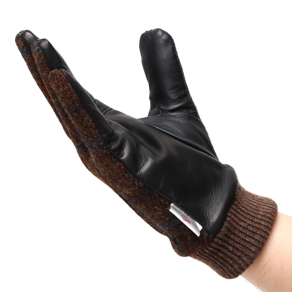  手袋 ハリスツイード メンズ ブランド 革 タッチパネル対応 カシミヤ 100％ カシミア 裏地 リブ グローブ ブラウン 茶 茶色 Harris Tweed チェック 柄 導電 本革 イタリーラム 羊革 英国 生地 日本製 KURODA(クロダ)