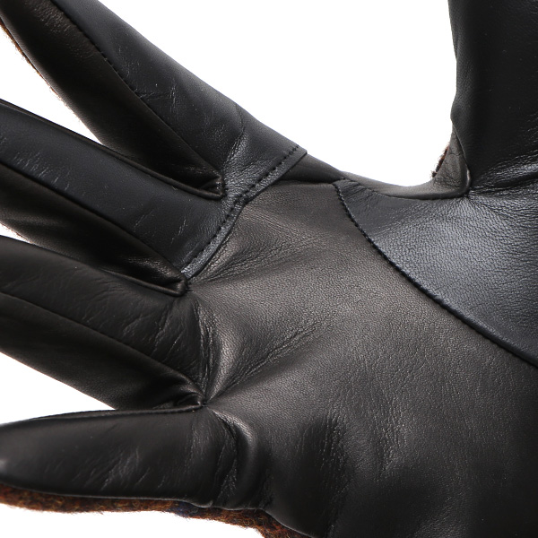  手袋 ハリスツイード メンズ ブランド 革 タッチパネル対応 カシミヤ 100％ カシミア 裏地 リブ グローブ ブラウン 茶 茶色 Harris Tweed チェック 柄 導電 本革 イタリーラム 羊革 英国 生地 日本製 KURODA(クロダ)