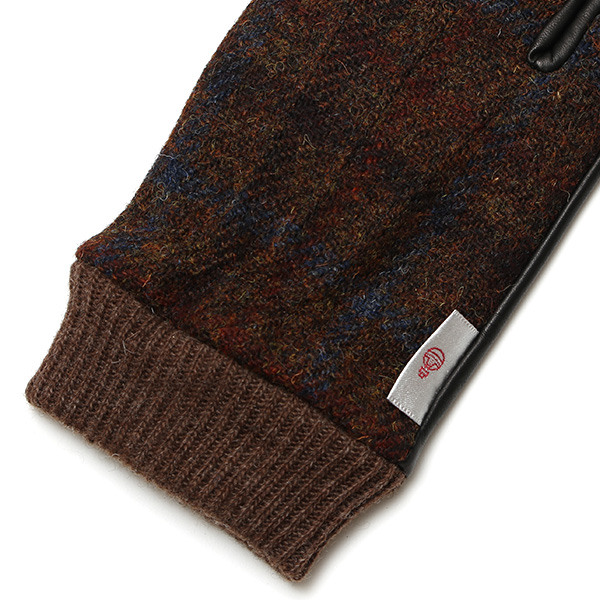  手袋 ハリスツイード メンズ ブランド 革 タッチパネル対応 カシミヤ 100％ カシミア 裏地 リブ グローブ ブラウン 茶 茶色 Harris Tweed チェック 柄 導電 本革 イタリーラム 羊革 英国 生地 日本製 KURODA(クロダ)