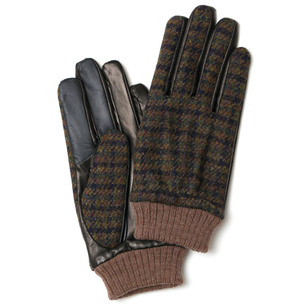 KURODA(クロダ) ハリスツイード リブ付き 羊革 メンズ 手袋 ブラウン/チェックB