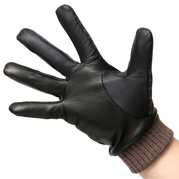  手袋 ハリスツイード メンズ ブランド 革 タッチパネル対応 カシミヤ 100％ カシミア 裏地 リブ グローブ ブラウン 茶 茶色 Harris Tweed チェック 柄 導電 本革 イタリーラム 羊革 英国 生地 日本製 KURODA(クロダ)