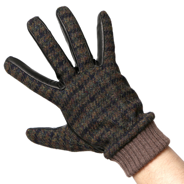  手袋 ハリスツイード メンズ ブランド 革 タッチパネル対応 カシミヤ 100％ カシミア 裏地 リブ グローブ ブラウン 茶 茶色 Harris Tweed チェック 柄 導電 本革 イタリーラム 羊革 英国 生地 日本製 KURODA(クロダ)