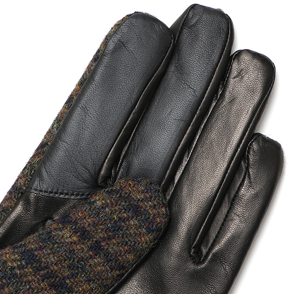  手袋 ハリスツイード メンズ ブランド 革 タッチパネル対応 カシミヤ 100％ カシミア 裏地 リブ グローブ ブラウン 茶 茶色 Harris Tweed チェック 柄 導電 本革 イタリーラム 羊革 英国 生地 日本製 KURODA(クロダ)