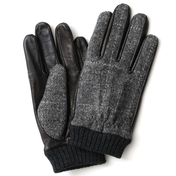 KURODA(クロダ) ハリスツイード リブ付き 羊革 メンズ 手袋 グレー/チェック