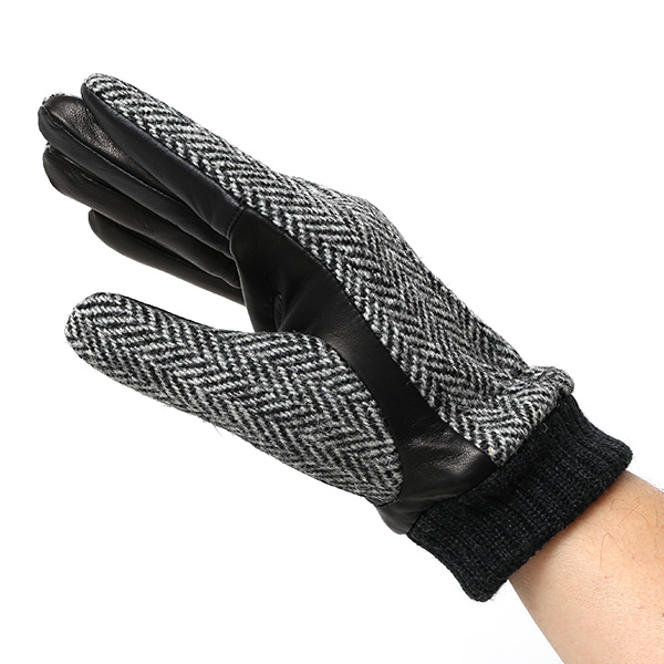 手袋 ハリスツイード メンズ ブランド 革 タッチパネル対応 カシミヤ 100％ カシミア 裏地 リブ グローブ グレー グレイ 灰色 Harris Tweed チェック 柄 導電 本革 イタリーラム 羊革 英国 生地 日本製 KURODA(クロダ)