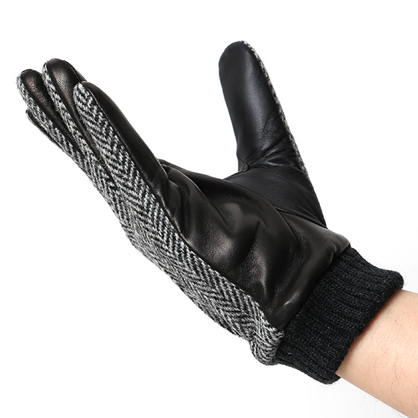  手袋 ハリスツイード メンズ ブランド 革 タッチパネル対応 カシミヤ 100％ カシミア 裏地 リブ グローブ グレー グレイ 灰色 Harris Tweed チェック 柄 導電 本革 イタリーラム 羊革 英国 生地 日本製 KURODA(クロダ)