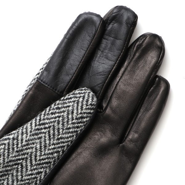  手袋 ハリスツイード メンズ ブランド 革 タッチパネル対応 カシミヤ 100％ カシミア 裏地 リブ グローブ グレー グレイ 灰色 Harris Tweed チェック 柄 導電 本革 イタリーラム 羊革 英国 生地 日本製 KURODA(クロダ)