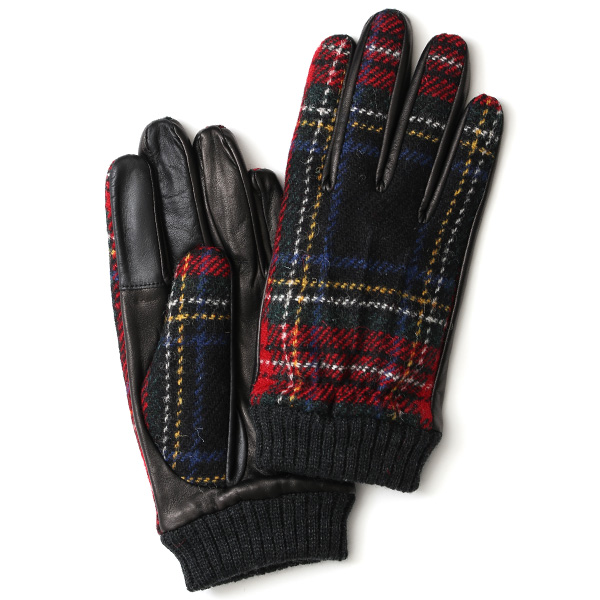 KURODA(クロダ) ハリスツイード リブ付き 羊革 メンズ 手袋 レッド/チェック