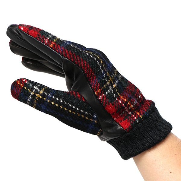  手袋 ハリスツイード メンズ ブランド 革 タッチパネル対応 カシミヤ 100％ カシミア 裏地 リブ グローブ レッド ワイン 赤色 Harris Tweed チェック 柄 導電 本革 イタリーラム 羊革 英国 生地 日本製 KURODA(クロダ)