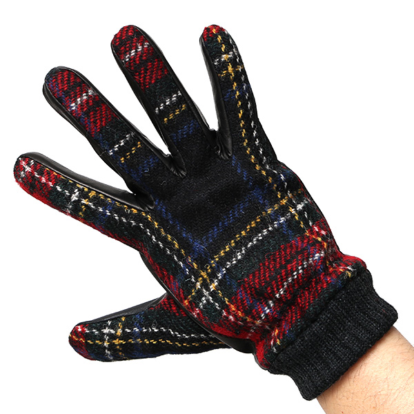  手袋 ハリスツイード メンズ ブランド 革 タッチパネル対応 カシミヤ 100％ カシミア 裏地 リブ グローブ レッド ワイン 赤色 Harris Tweed チェック 柄 導電 本革 イタリーラム 羊革 英国 生地 日本製 KURODA(クロダ)