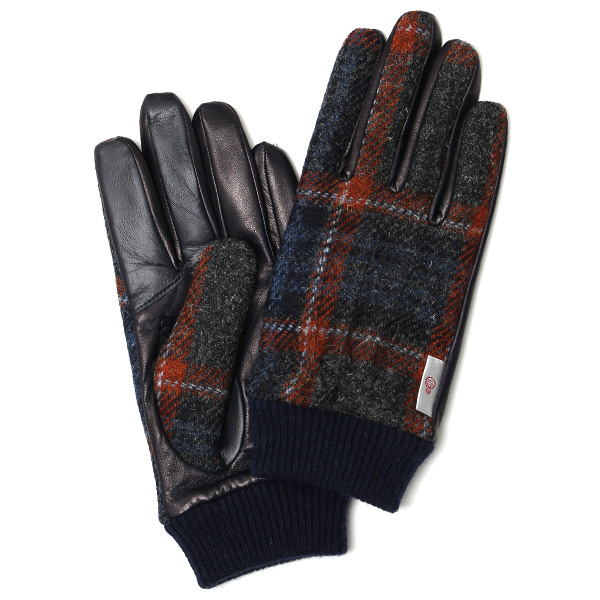 KURODA(クロダ) ハリスツイード リブ付き 羊革 メンズ 手袋 ネイビー/チェック