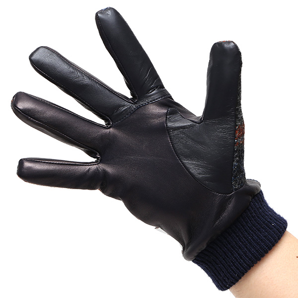  手袋 ハリスツイード メンズ ブランド 革 タッチパネル対応 カシミヤ 100％ カシミア 裏地 リブ グローブ ブルー ネイビー 青色 Harris Tweed チェック 柄 導電 本革 イタリーラム 羊革 英国 生地 日本製 KURODA(クロダ)