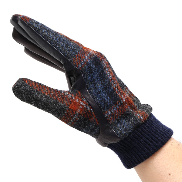  手袋 ハリスツイード メンズ ブランド 革 タッチパネル対応 カシミヤ 100％ カシミア 裏地 リブ グローブ ブルー ネイビー 青色 Harris Tweed チェック 柄 導電 本革 イタリーラム 羊革 英国 生地 日本製 KURODA(クロダ)