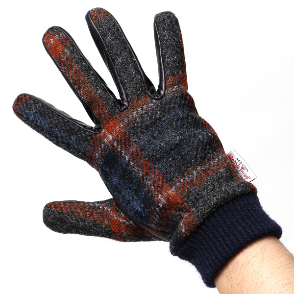  手袋 ハリスツイード メンズ ブランド 革 タッチパネル対応 カシミヤ 100％ カシミア 裏地 リブ グローブ ブルー ネイビー 青色 Harris Tweed チェック 柄 導電 本革 イタリーラム 羊革 英国 生地 日本製 KURODA(クロダ)